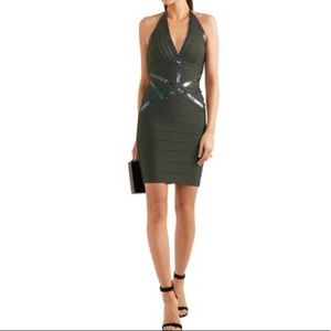 Hervé Léger Kaitlyn Sequin-embellished Bandage Halterneck Mini Dress Army Green